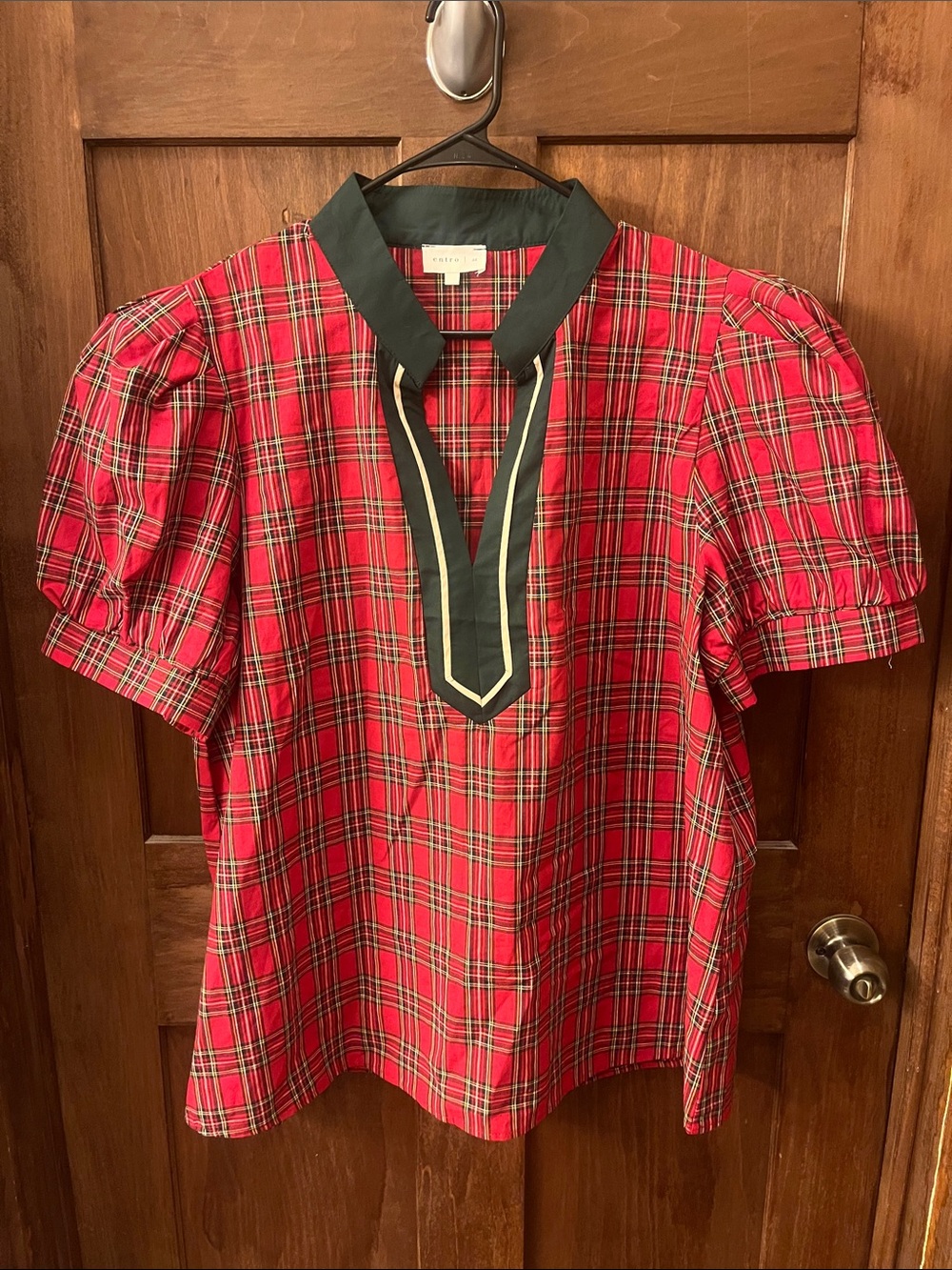 Women’s Red Plaid Short Sleeve Top with Contrast Trim